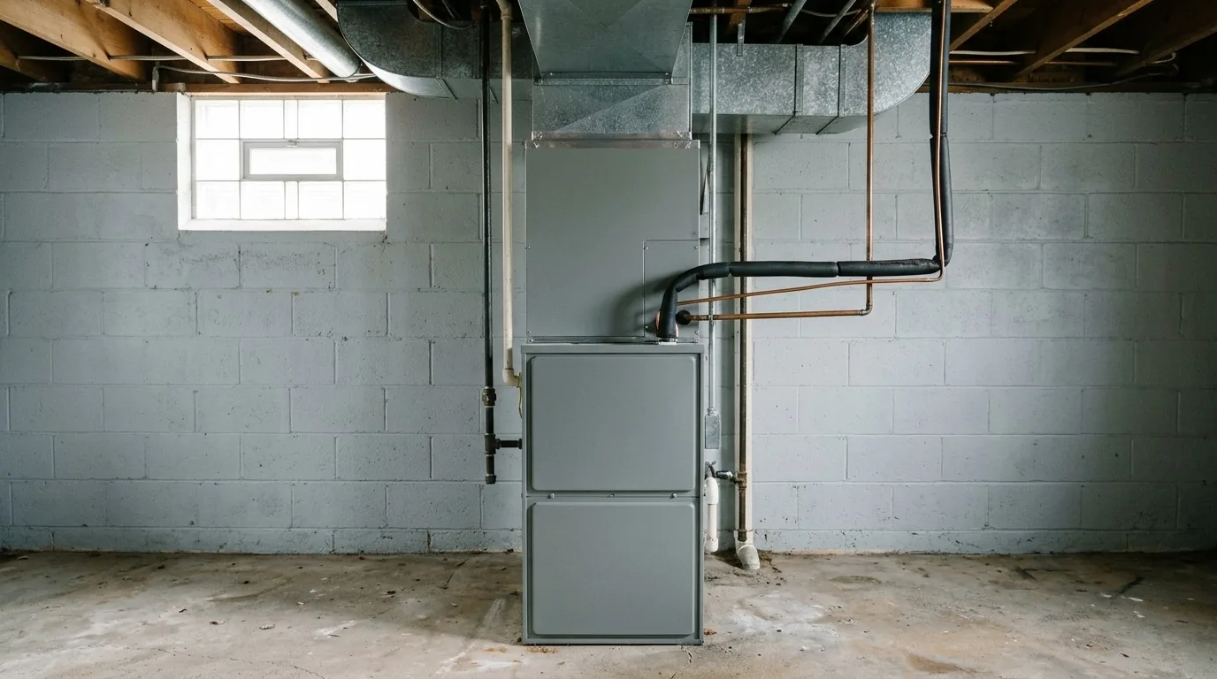 An indoor coil cabinet sitting on top of a gas furnace, with the refrigerant lines running into it