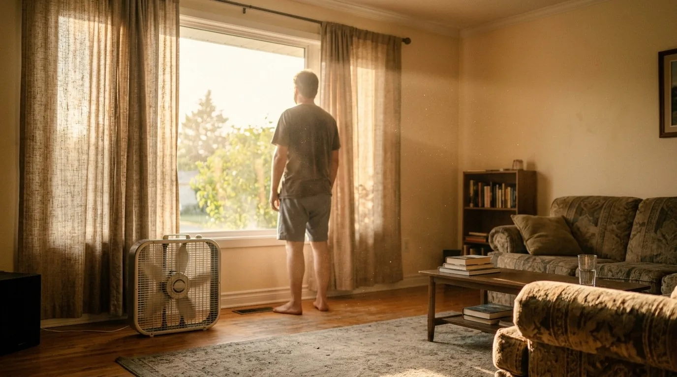 A living room on a hot afternoon with the curtains drawn and a box fan running