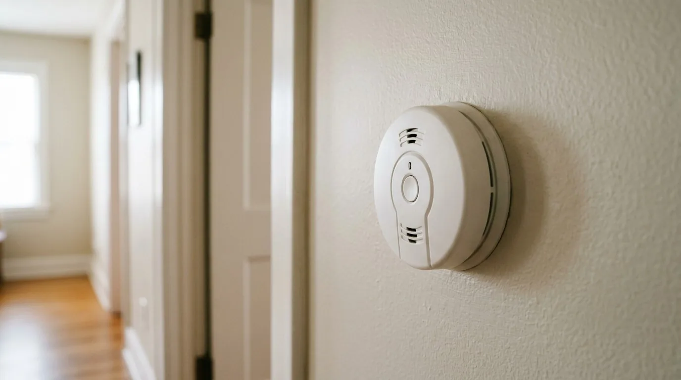 A carbon monoxide alarm mounted on a hallway wall