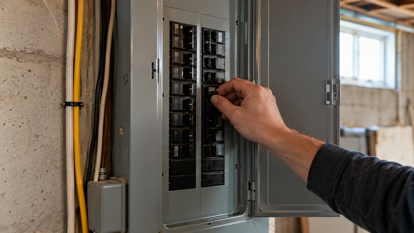 A hand reaching for a breaker in an open electrical panel on a basement wall