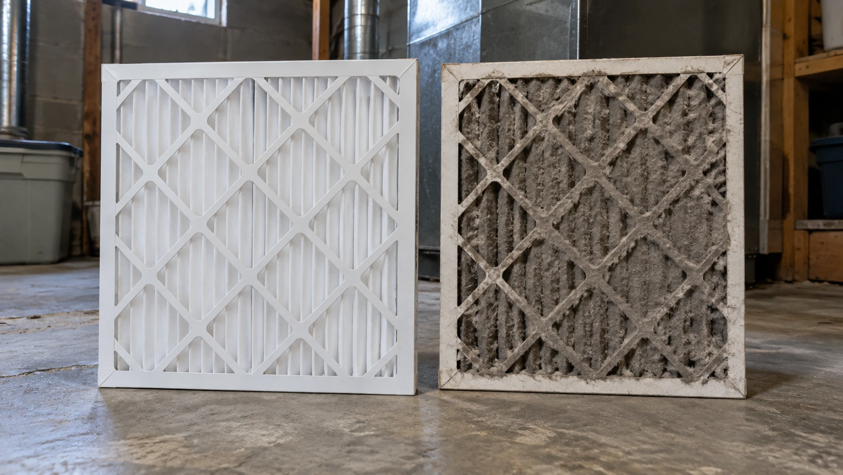 A clean furnace filter beside one gray and matted with dust