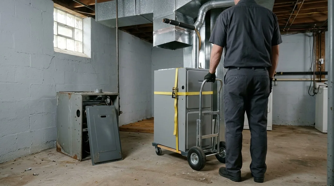 A new furnace on a hand truck beside the old one, disconnected with its panel off