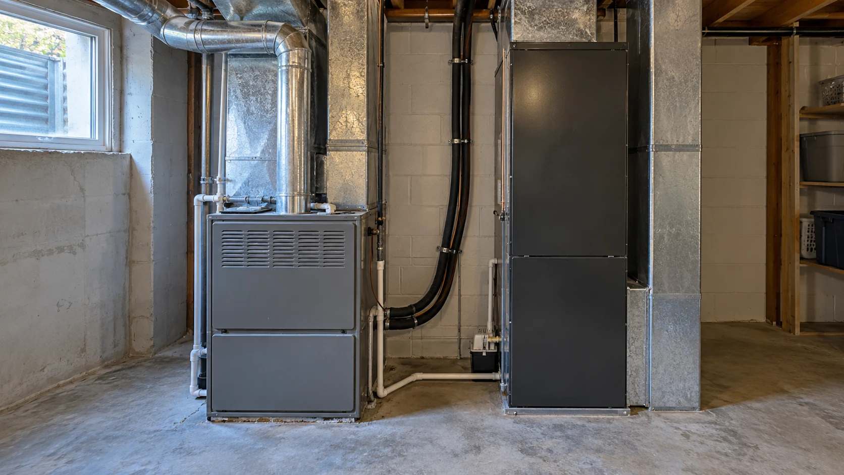 A gas furnace and a taller indoor air handler standing side by side in a basement