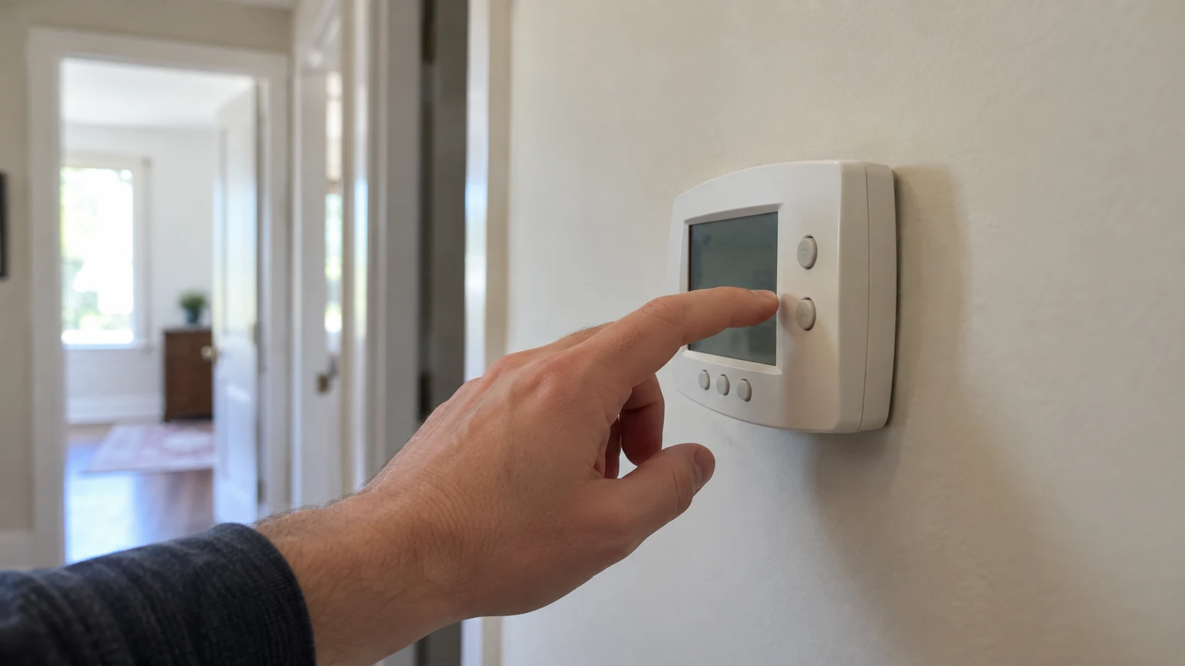 A hand reaching for a plain wall thermostat in a hallway