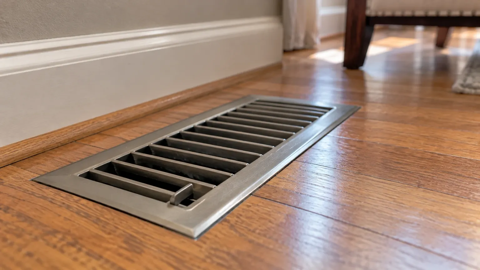 A metal floor register set into a hardwood floor, the damper open